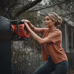 woman with orange and black colored equipment hanging on side of building