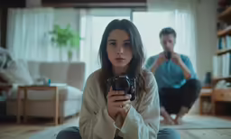 a woman holding up a camera while sitting on a floor