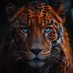 close - up of a large leopard with blue eyes
