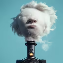 a white hair man with steam coming out of his mouth