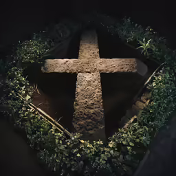 a cross is covered in plants at night