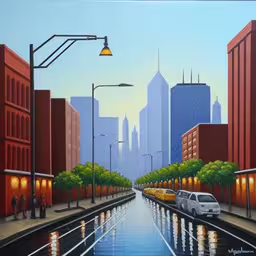 a painting shows city buildings and a street next to the water