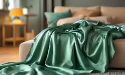 a soft green fabric in an unmade bed
