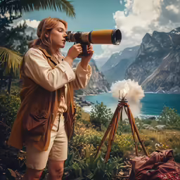a woman holding a camera looking at a photo with her binoculars