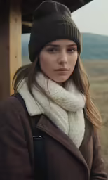 a woman is wearing a scarf and a beanie
