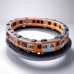 an orange and black model train set with three sections of tracks