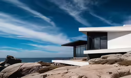 a house sits next to the ocean under a cloudy blue sky