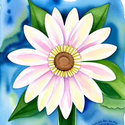 the pink and yellow flower is surrounded by leaves,a flower is painted on the water with leaves
