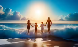 silhouette of three people with two children on beach