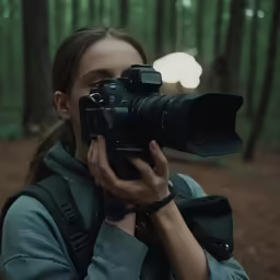 woman with camera taking photo in the forest