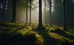 the sun is shining through the trees and onto the ground