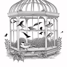 a drawing of a bird cage with birds flying around,birds in a cage on the ground,the bird is perched inside the cage with other birds,a bird in a cage drawing with a pen,birds fly in and out of a bird cage