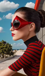 a woman wearing red shades sitting on top of a yellow chair