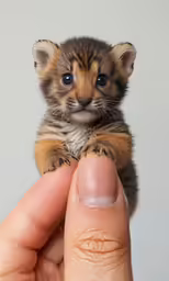 a hand holding a tiny kitten on its thumb