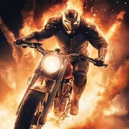 a person riding on the back of a motorcycle on top of a flame
