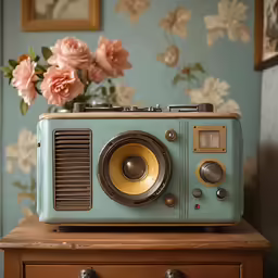 there is an old radio and flowers in the background