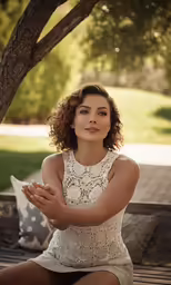 a young woman in a white dress sitting on a bench
