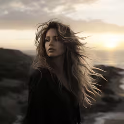 a woman with her hair blowing in the wind,the woman is standing in front of a body of water