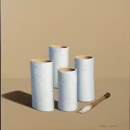 a painting of four rolls of toilet paper and a brush,a picture of four white rolls of yarn