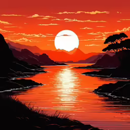 a painting of a sunset with the sun setting over water