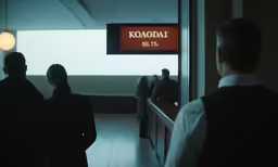 a group of people standing near a sign in a building