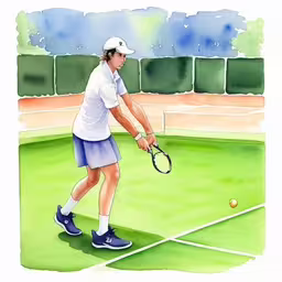 a man on a tennis court holds his racket near a ball,drawing of tennis player preparing to return the ball,a watercolor illustration of a person playing tennis on a field,a drawing of a tennis player with racket in hand,a cartoon drawing of a female tennis player