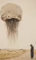 a person in grey hoodie looking at an octopus in sand