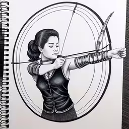 this drawing is drawn with markers and has a girl aiming a bow,the girl is aiming a bow at the target,a drawing of a girl aims a bow,drawing of a woman shooting a bow with a target,a girl holding a bow and arrow, drawn by hand in black ink