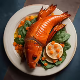 plate with a lobster and lemons on it