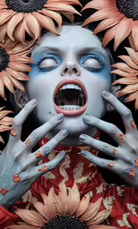 a woman with painted face is surrounded by sunflowers