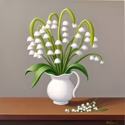 a vase with lilies sits on a table with some flowers,a painting of white flowers in a jug on a table,this is an oil painting of lily of the valley flowers in a white jug,a painting of lily of the valley flowers in a vase,painting of lilies in a white pitcher and water drops