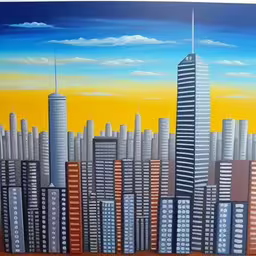 a painting of a city with buildings on it,city painting is on the wall in front of a yellow sky,a painting depicting a cityscape that has yellow buildings and a blue sky,a painting of a city with skyscrapers,a large painting that is on the wall