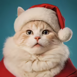 a white cat wearing a santa hat looking to its left