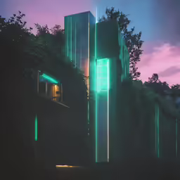 the building is lit up with bright lights