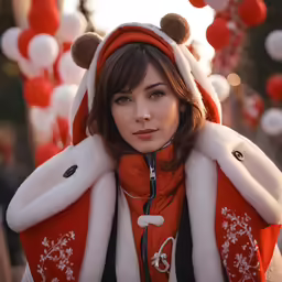 a woman wearing a coat and bear ears and a hat and scarf