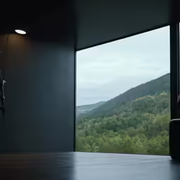 a person sits at a table looking out at a forest