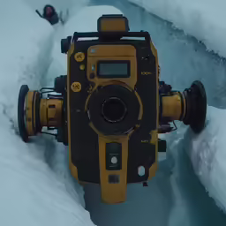a camera is lying in some deep snow