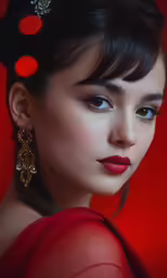 a young girl with very large, black hair and earrings