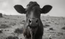 a black cow with big ears is standing in the snow