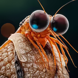a close up of a bug with two blue eyes