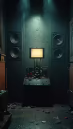 a room with a table lamp and some sound equipment