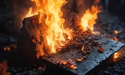 the fire is blazing through a black surface