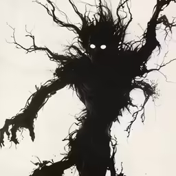 an evil looking human in a tree