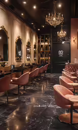 a large fancy room has red chairs and gold chandeliers