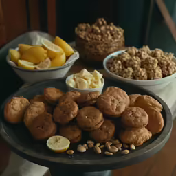 the display features muffins and small plates of snacks