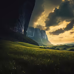 a mountain scene with green grassy and fields