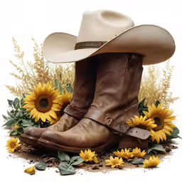 a cowboy boot and hat in a sunflower field