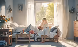 the woman is sitting on her bed looking out the window