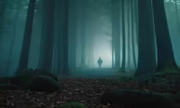 the lone person stands alone among the trees and leaves