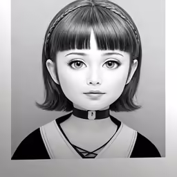 a black and white drawing of a girl with long bangs